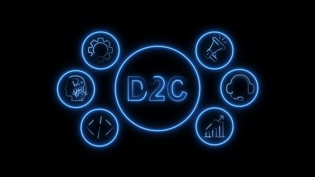 D2C Digital Marketing Concept Blue Neon Animation with Direct to Consumer Business Icons on Black Background