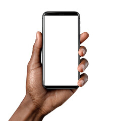 African American hand holding smartphone with blank screen, isolated on transparent cutout background