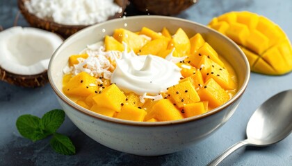 Delicious Mango Sticky Rice Bowl with Coconut Cream.