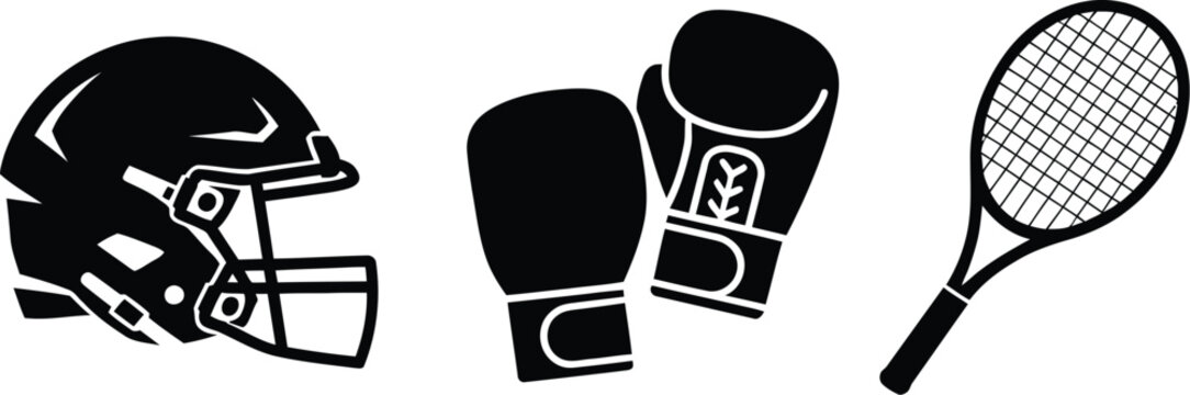A black and white illustration depicts a football helmet boxing gloves and a tennis racket high-quality professional detailed modern elegant