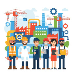 Illustration of a team of workers in front of an industrial cityscape