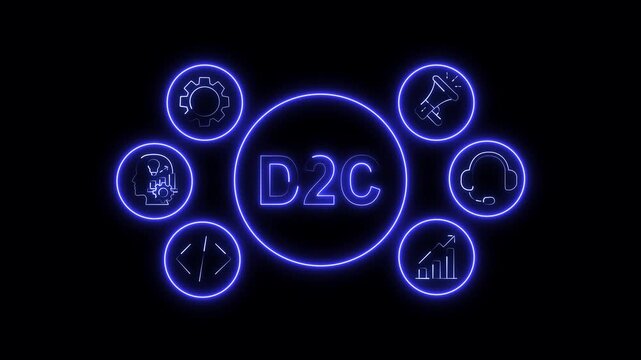 D2C Business Concept Blue Neon Circular Flow with Marketing, Technology and Customer Icons on Black Background