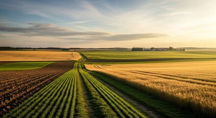 Obraz premium Agricultural landscape with fields and a road under a blue and cloudy sky