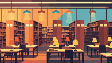 Illustration of a warmly-lit library interior, with bookshelves and desks © PANGERANDESIGN
