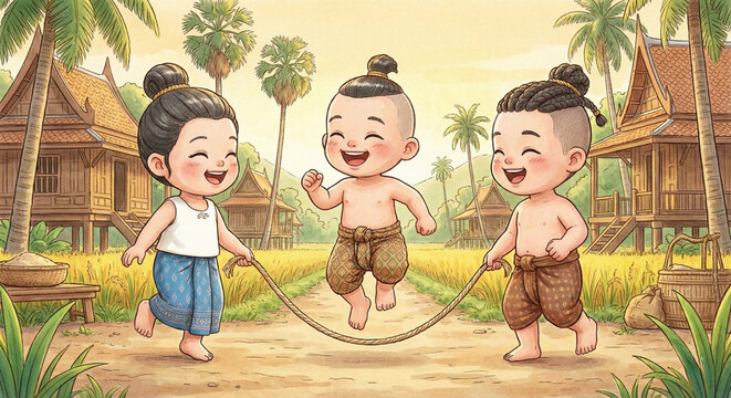 drawing illustration of three joyful traditional Thai children playing jump rope with a makeshift rope.