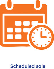 Scheduled sale calendar icon with clock marking a special offer on a white background