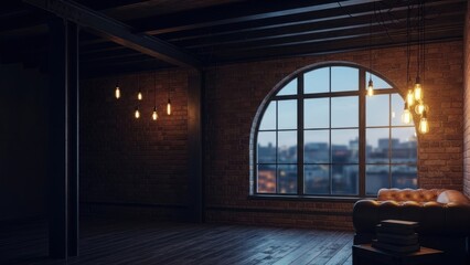 Fototapeta premium A spacious industrial-style room with a large arched window and exposed brick.