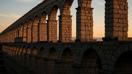 Obraz premium The stone arches of a long Roman aqueduct illuminated by golden hour light.