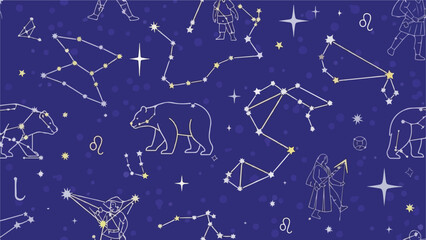Illustration of constellations and figures on a dark blue background © PANGERANDESIGN