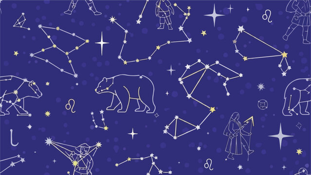 Illustration of constellations and figures on a dark blue background