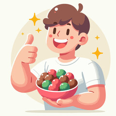 Cartoon illustration of a person carrying a bowl of meatballs with a thumbs up smile