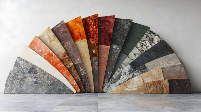 Fan of stone and tile samples in various colors and patterns