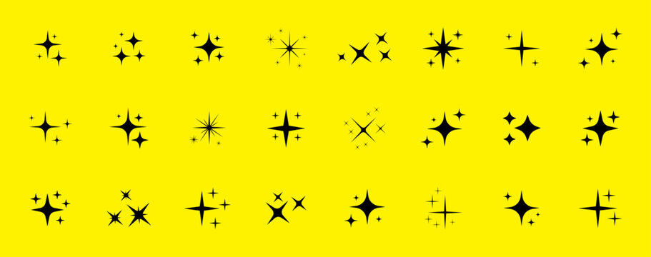 Sparkle star icons set, Twinkle glitter shine symbols, Flat vector illustration