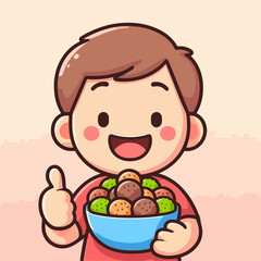 Cartoon illustration of a person carrying a bowl of meatballs with a thumbs up smile