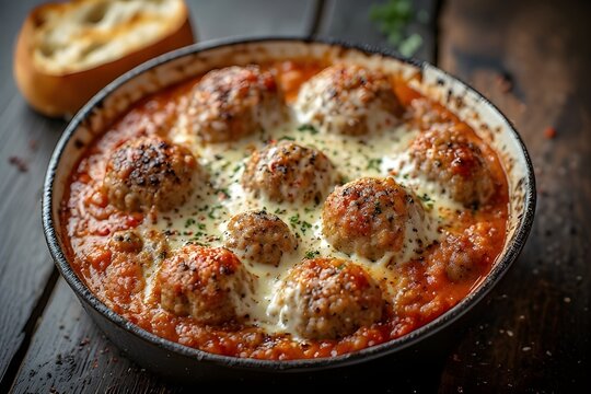cheesy mini meatball dip in a baking dish