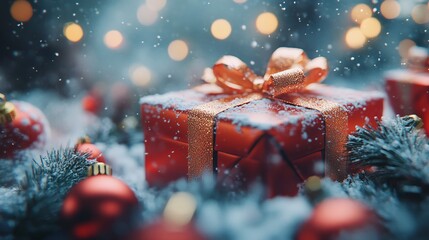 Merry Christmas and Happy New Year Banner with Gift Boxes and Festive Decorations, 3D Rendering