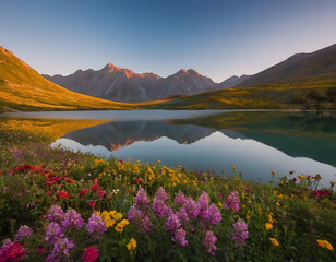 Naklejka premium A lake between the beautiful mountains with colorful flowers at sunset. 