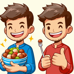 Cartoon illustration of a person carrying a bowl of meatballs with a thumbs up smile