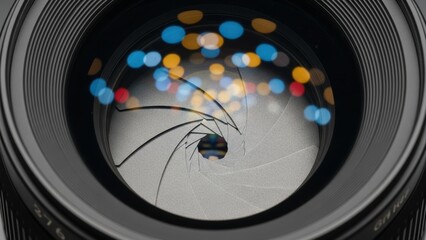 A close-up of a camera lens with the aperture blades closing and colorful reflections.