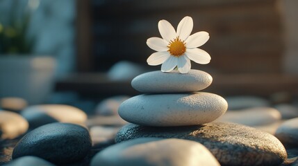 Serene Spa Still Life with Smooth Stones and Delicate Flower, Symbol of Calm and Balance Against Financial Stress