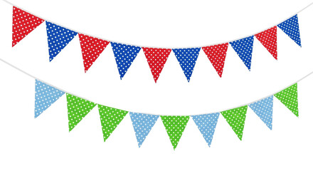 Fototapeta premium two photorealistic decorative bunting garlands (red/blue and green/light blue polka dot flags) suspended against a pristine solid transparent background under studio light. Crisp party aesthetic