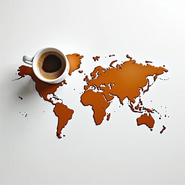 White coffee cup rests on brown liquid world map. Global caffeine beverage, morning drink, breakfast treat. Global business connection, travel concept, international coffee culture.