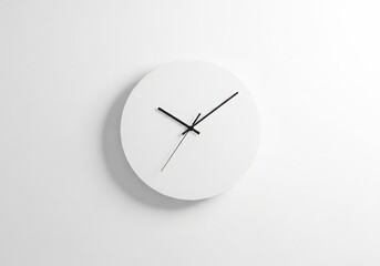 A pristine, minimalist white wall clock with sleek black hands, elegantly displayed on a bright white background, symbolizing time and modern design.