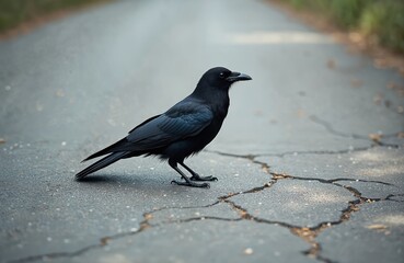 Obraz premium Black crow stands on cracked asphalt road. Bird has dark feathers and sharp beak. Wildlife scene in daytime. Crow looks ahead on pavement. Nature background is blurred.