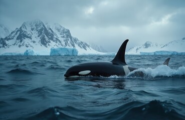 Fototapeta premium Killer whale swims in blue ocean water near icy mountains and glaciers. Orca dorsal fin breaks water surface in cold arctic habitat. Wild mammal hunts marine life in polar region.