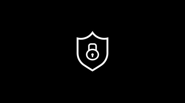 White outline shield with a padlock icon isolated on a solid black background