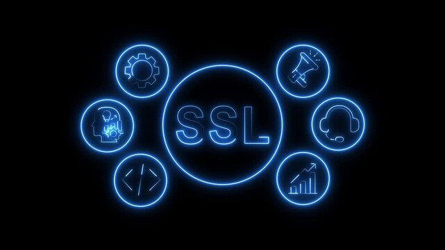 SSL Concept Blue Neon Animation with Business System Icons on Black Background