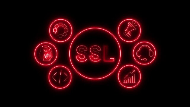 SSL Concept Red Neon Animation with Business System Icons on Black Background