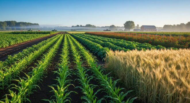 Agricultural fields with crops under blue sky on a sunny day