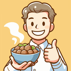 Cartoon illustration of a person carrying a bowl of meatballs with a thumbs up