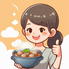 Cartoon illustration of a person carrying a bowl of meatballs with a thumbs up
