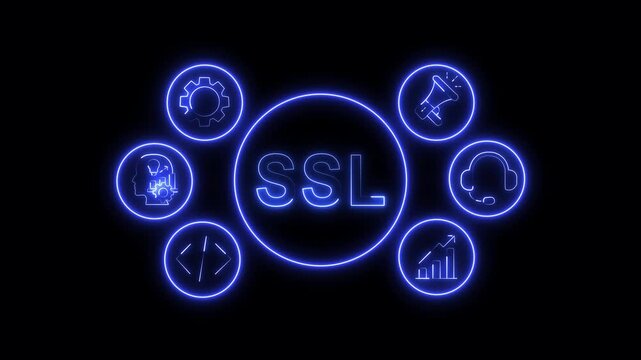 SSL Concept Blue Neon Animation with Business System Icons on Black Background