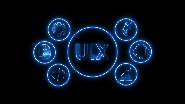 UIX Concept Blue Neon Animation with Business System Icons on Black Background