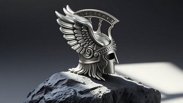 valkyrie. A silver winged Valkyrie helmet resting on a rough, dark grey stone with dramatic shadows. event programs, museum guides, designed for cultural heritage projects and event programs.