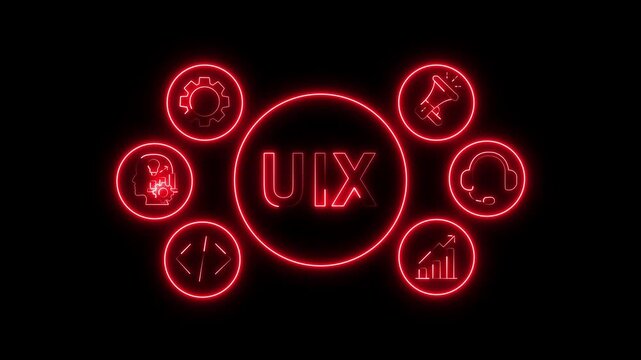 UIX Concept Red Neon Animation with Business System Icons on Black Background