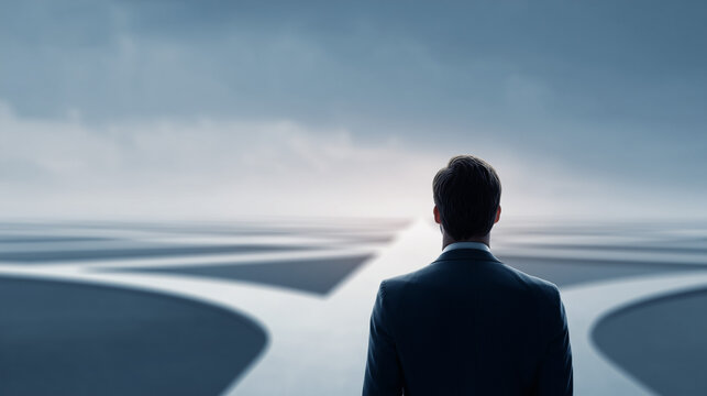 businessman standing at crossroads of decision, person facing a choice at a fork in the road, symbolic path of future direction