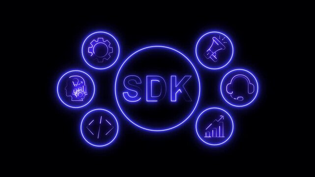 SDK Concept Blue Neon Animation with Business System Icons on Black Background