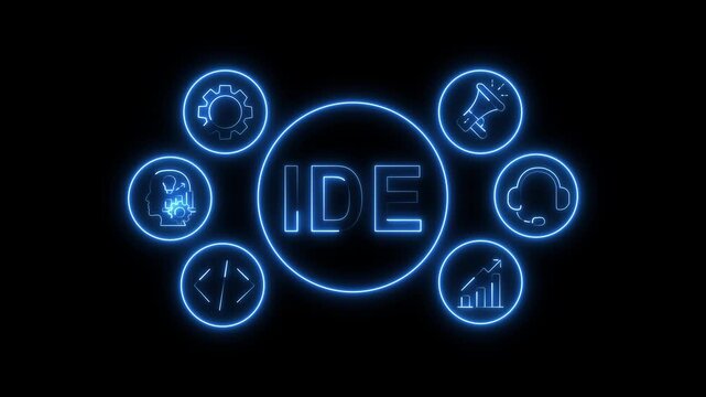 IDE Concept Blue Neon Animation with Business System Icons on Black Background