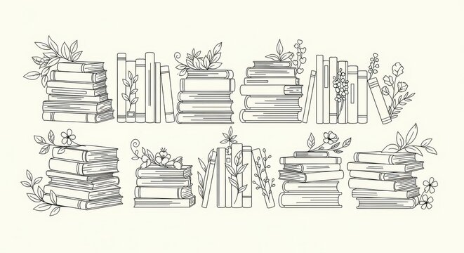 Hand-drawn illustration of stacked books with floral elements, vintage style, line art