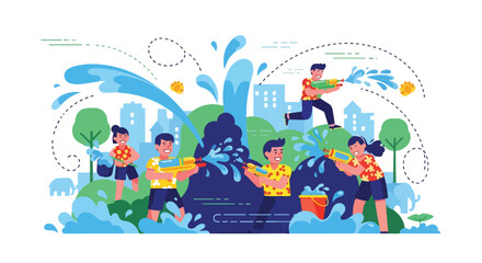 Obraz premium Illustration of people having fun playing with water guns on a sunny day