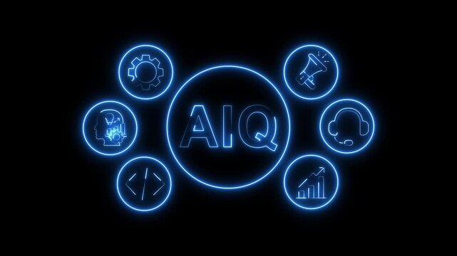 AIQ Concept Blue Neon Animation with Business System Icons on Black Background
