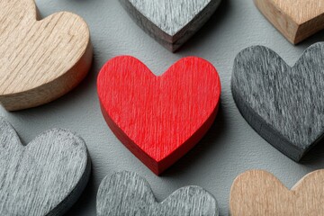 Obraz premium Red wooden heart surrounded by gray and beige wooden hearts on a textured gray surface, showcasing a variety of shapes and colors in a decorative arrangement