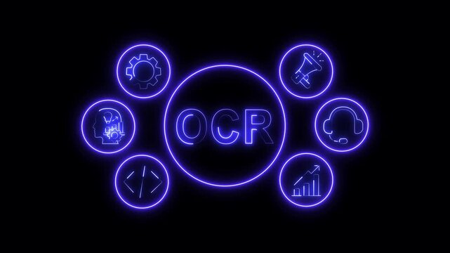 OCR Concept Blue Neon Animation with Business System Icons on Black Background