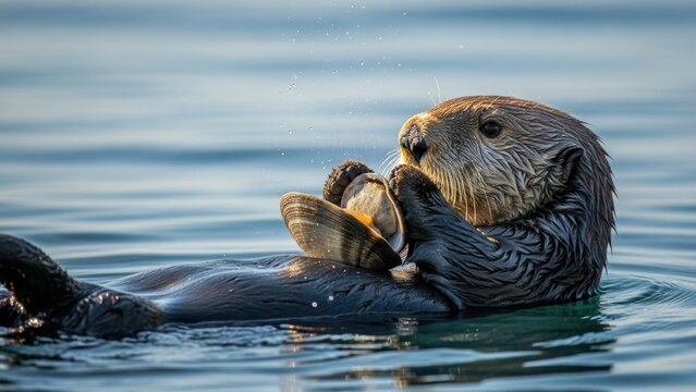 A cute sea otter floating on its back and eating a clam.