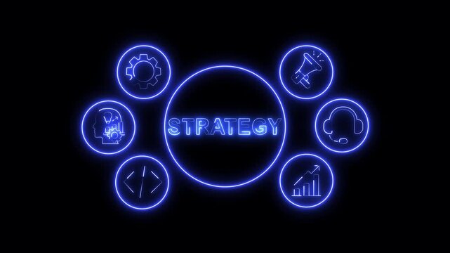 Strategy Business Concept Blue Neon Circular Flow with Analytics, Technology and Management Icons on Black Background