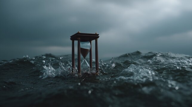 Hourglass in ocean waves against stormy sky: Time and tide concept